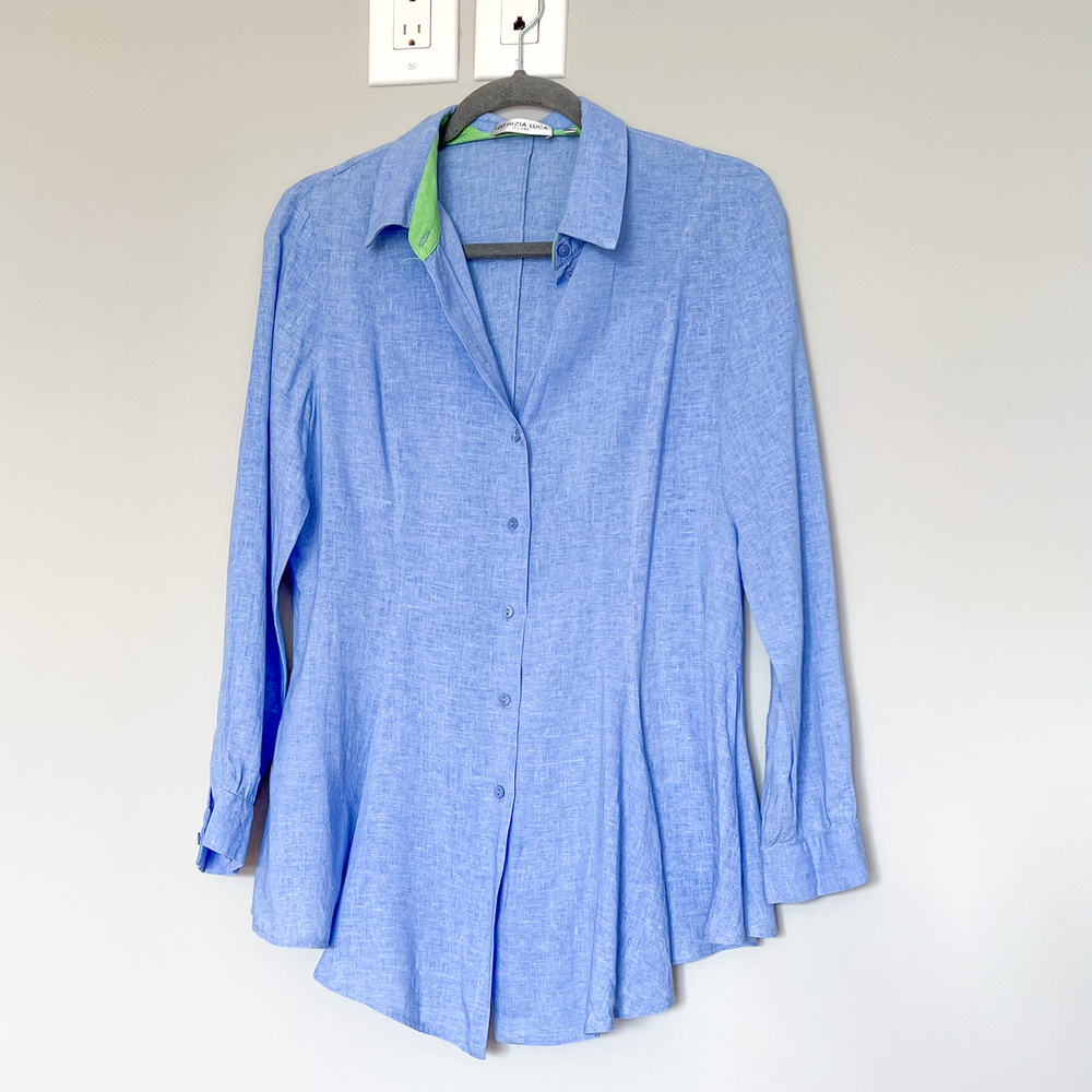 Patrizia Luca Blue Linen Viscose Button Down Peplum Shirt Long Sleeve L